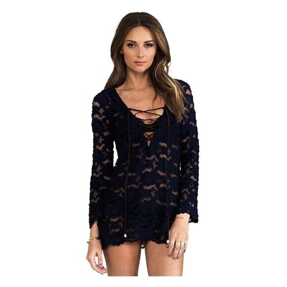 Beach Bunny Swimwear Marilyn Lace Up Tunic Dress Cover Up Black Long Sle… - Picture 1 of 6